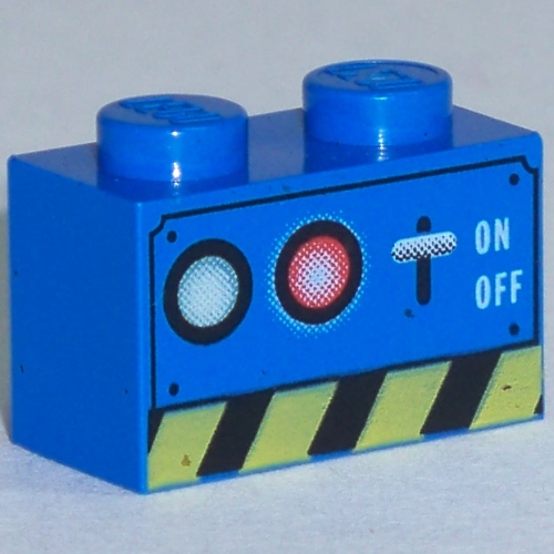 Brick 1 × 2 with Switch, Lamps, and Danger Stripe Print Blue