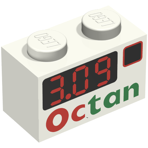 Brick 1 × 2 with 'Octan 3.09' Print White