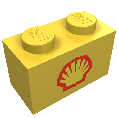 Brick 1 × 2 with Shell Logo Small Print Gelb