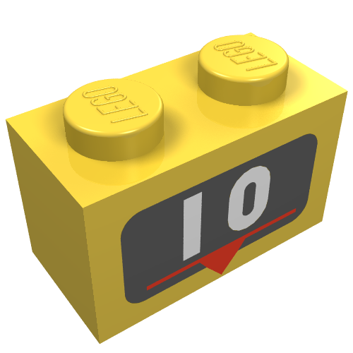 Brick 1 × 2 with White '10', Red Marker Print Yellow