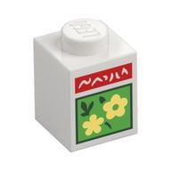 Brick 1 × 1 with White Scribbling On Red Rectangle, Bright Light Yellow Flowers in Bright Green Square Print in Weiß