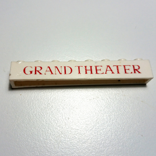 Brick 1 × 8 with 'GRAND THEATER' Thin Red Print White