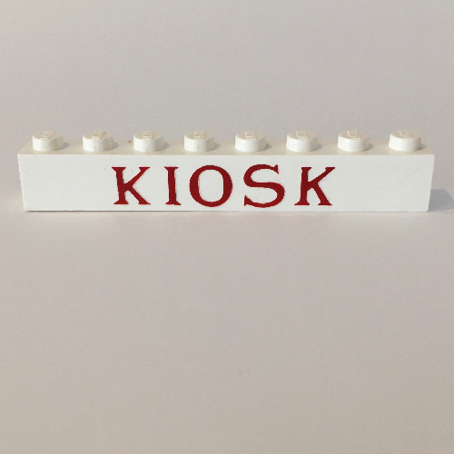 Brick 1 × 8 without Bottom Tubes with Cross Side Supports with 'KIOSK' Times New Roman Red Print Weiß