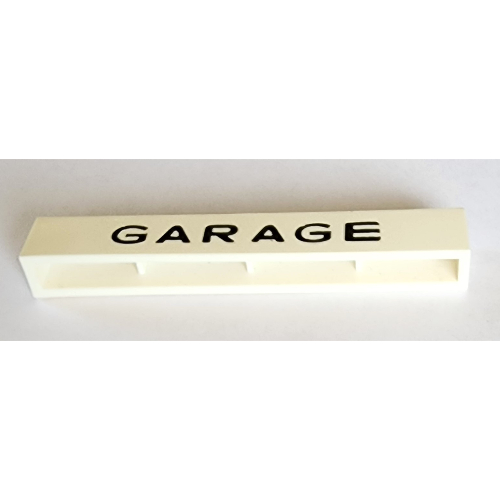 Brick 1 × 8 with 'GARAGE' Medium Sans-Serif Black Print Weiß