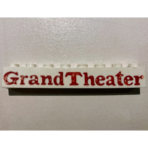 Brick 1 × 8 without Bottom Tubes with Cross Side Supports with 'Grand Theater' Bold Red Print Weiß