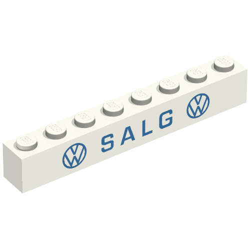 Brick 1 × 8 without Bottom Tubes with Cross Side Supports with 'VW SALG VW' Thin Blue Print Weiß
