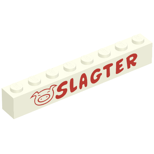 Brick 1 × 8 without Bottom Tubes with Cross Side Supports with 'Slagter' and Pig Face Red Print White