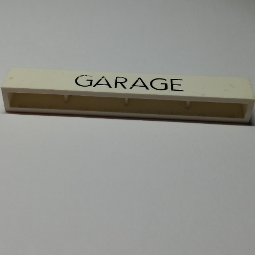 Brick 1 × 8 without Bottom Tubes with Cross Side Supports with 'GARAGE' Thin Narrow Black Print Weiß