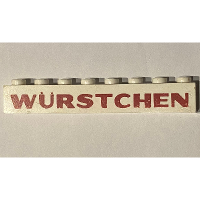 Brick 1 × 8 with 'Würstchen' ('Wurstchen') Thick Red Print Weiß