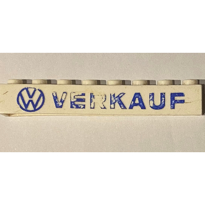 Brick 1 × 8 without Bottom Tubes with Cross Side Supports with 'VW VERKAUF' Blue Print Weiß