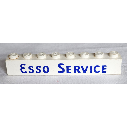 Brick 1 × 8 with 'ESSO SERVICE' Long Bold Blue Print Weiß