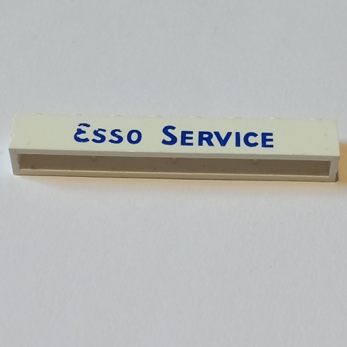Brick 1 × 8 without Bottom Tubes with Cross Side Supports with 'ESSO SERVICE' Short Blue Print White