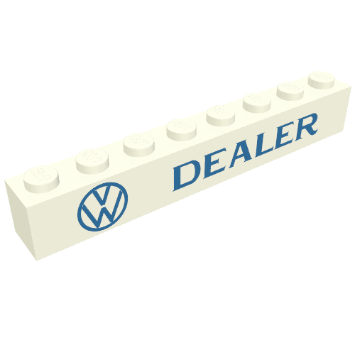 Brick 1 × 8 without Bottom Tubes with Cross Side Supports with 'VW DEALER' Large Logo, Blue Print White
