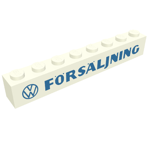 Brick 1 × 8 without Bottom Tubes with Cross Side Supports with 'VW FORSALJNING' Thick Blue Print Weiß