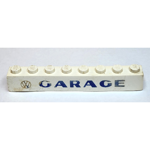 Brick 1 × 8 with 'VW GARAGE' Sans-Serif Thick Blue Print White