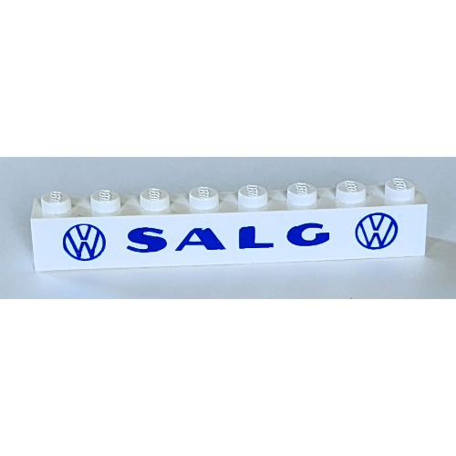 Brick 1 × 8 with 'VW SALG VW' Bold Blue Print in Weiß