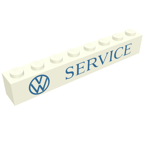 Brick 1 × 8 with 'VW SERVICE' Blue Print in White