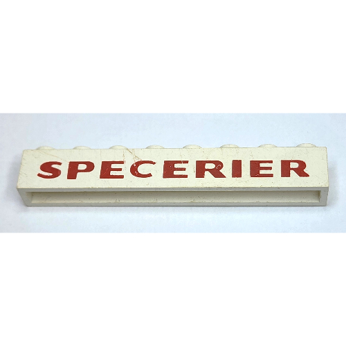 Brick 1 × 8 with 'SPECERIER' Dark Red Print White