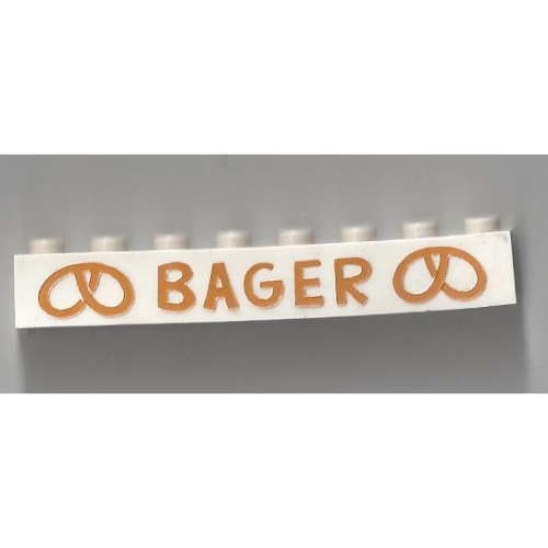 Brick 1 × 8 with 'BAGER' 2 Pretzels Large Gold Print White