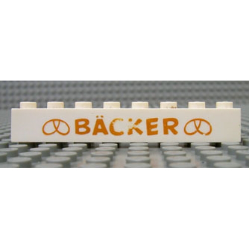 Brick 1 × 8 without Bottom Tubes with Cross Side Supports with 'BÄCKER' (BACKER) Narrow, Pretzels Gold Print White