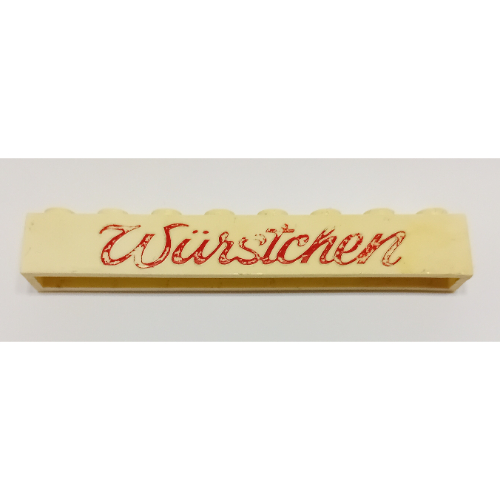 Brick 1 × 8 with 'Würstchen' ('Wurstchen') Script Red Print in Weiß