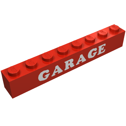 Brick 1 × 8 with Bottom Tubes and 3 Lowered Cross Supports with 'GARAGE' White Print Rot