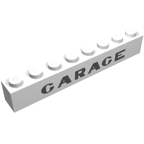 Brick 1 × 8 with 'GARAGE' with Plain 'G' Sans-Serif Thick Print Weiß