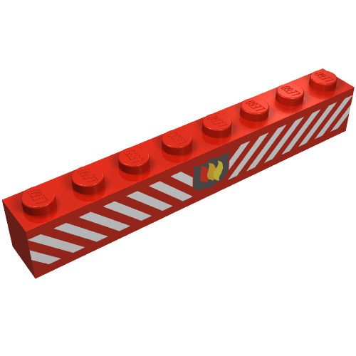 Stein 1 × 8 mit Feuer-Logo-Abzeichen und weißen Diagonalstreifen (bedruckt)