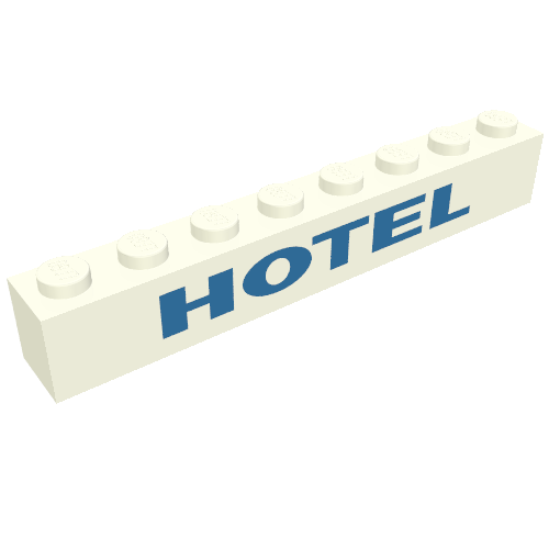 Brick 1 × 8 with 'HOTEL' Blue print White