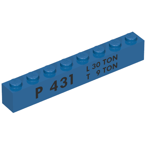 Brick 1 × 8 with 'P 431 L 30 TON T 9 TON' Print Blue