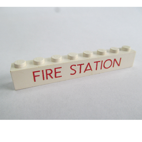 Brick 1 × 8 with 'FIRE STATION' Thin Red Print White