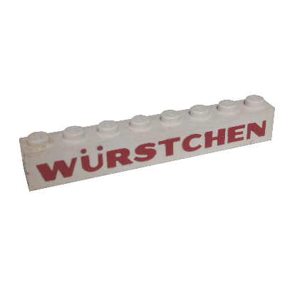 Brick 1 × 8 with 'Würstchen' ('Wurstchen') Thick Red Print White