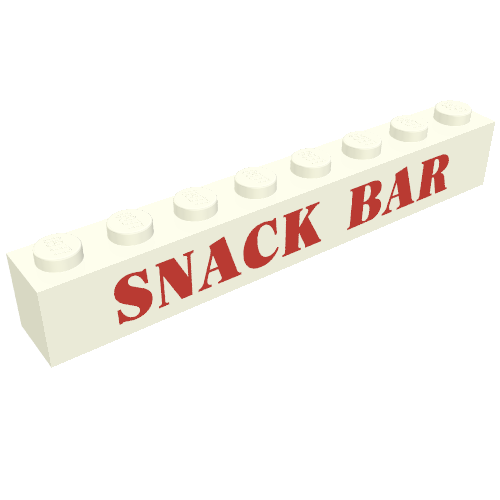 Brick 1 × 8 with 'SNACK BAR' Red Print in White