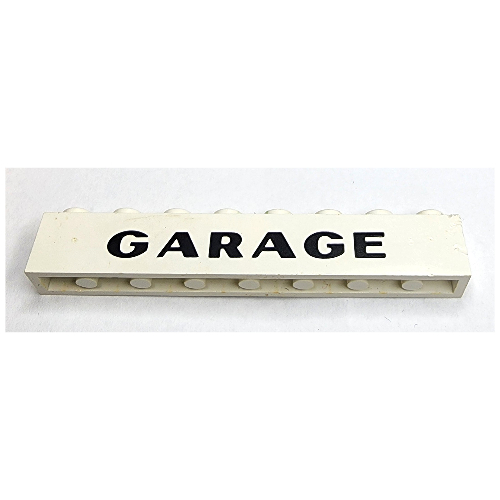 Brick 1 × 8 with 'GARAGE' with Elaborate 'G' Sans-Serif Thick Print Weiß
