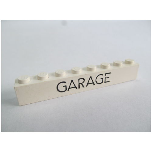 Brick 1 × 8 with 'GARAGE' Thin Narrow Black Print White