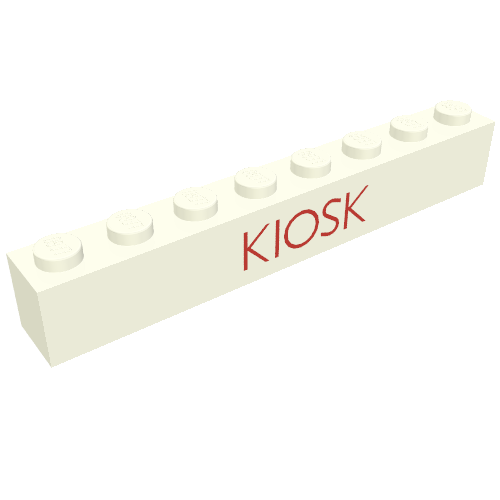 Brick 1 × 8 with 'KIOSK' Thin Red Print White