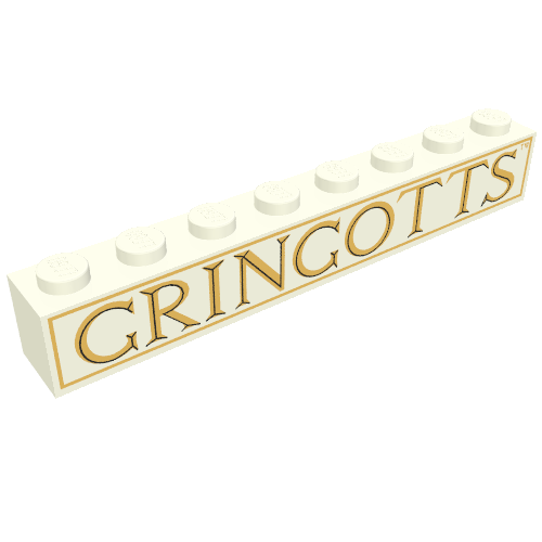 Brick 1 × 8 with 'GRINGOTTS' Print White