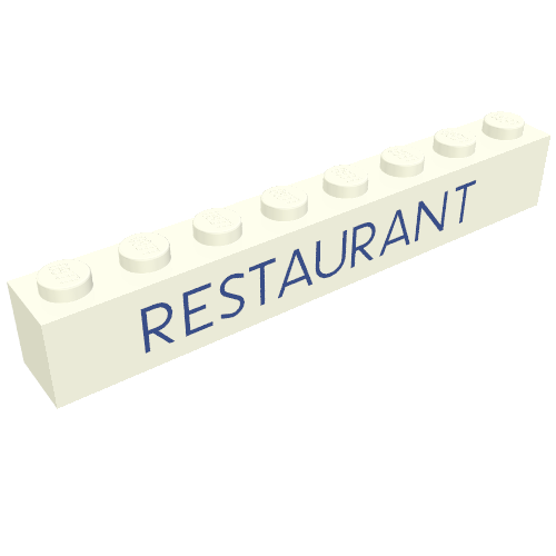 Brick 1 × 8 with 'RESTAURANT' Blue Print Weiß