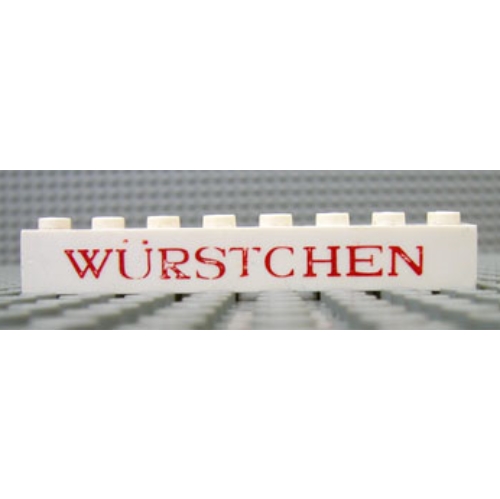Brick 1 × 8 with 'Würstchen' ('Wurstchen') Thin Red Print White