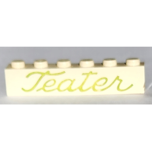 Brick 1 × 6 with 'Teater' Script Green Print White