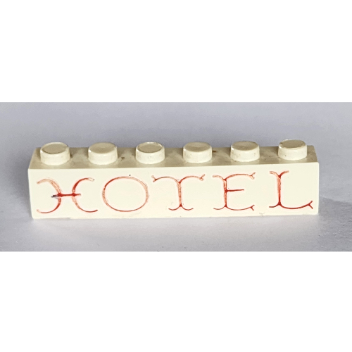 Brick 1 × 6 without Bottom Tubes with Cross Side Supports with 'HOTEL' Curvy Red print White