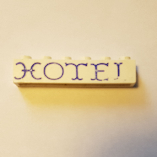 Brick 1 × 6 with 'HOTEL' Curvy Blue Print Weiß