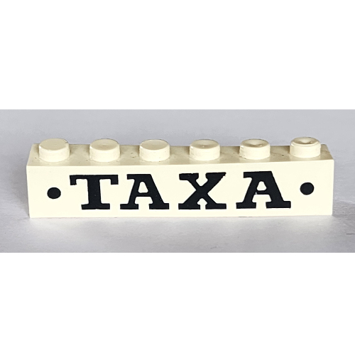 Brick 1 × 6 without Bottom Tubes with Cross Side Supports with 'TAXA' and Dots Bold Black Print White