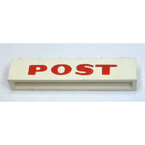 Brick 1 × 6 without Bottom Tubes with Cross Side Supports with 'POST' Thick Red Print White