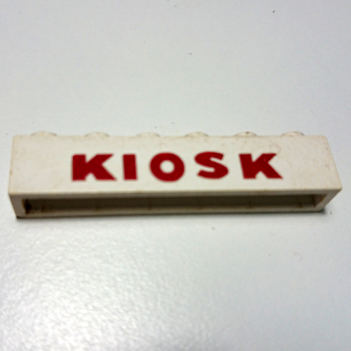 Brick 1 × 6 with 'KIOSK' Sans-Serif Thick Red print in Weiß