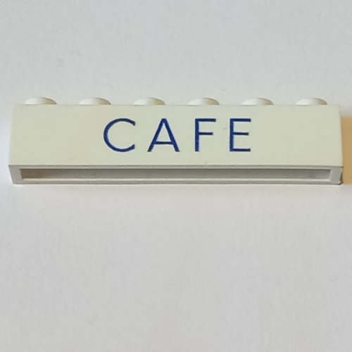 Brick 1 × 6 with 'CAFE' Thin Blue print Weiß