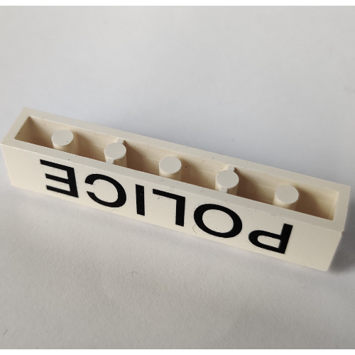 Brick 1 × 6 with Bottom Tubes and 2 Lowered Cross Supports with 'POLICE' Thin Black Print Weiß