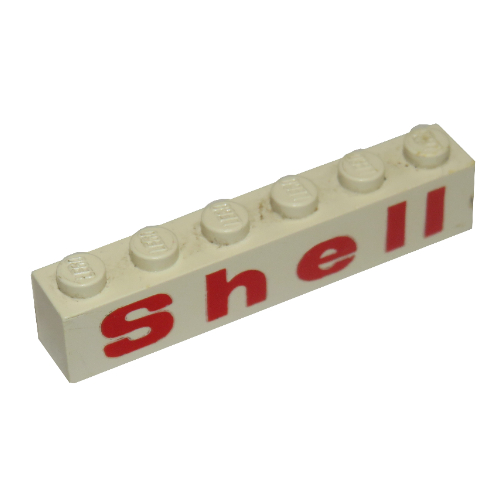 Brick 1 × 6 with Bottom Tubes and 2 Lowered Cross Supports with 'Shell' Rounded 'e', Red Print White
