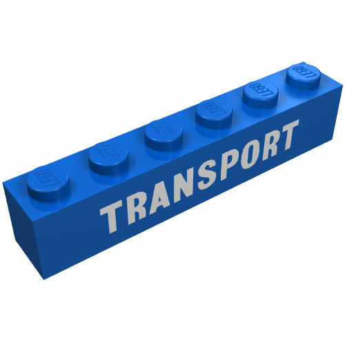 Brick 1 × 6 with 'TRANSPORT' White Print Blue