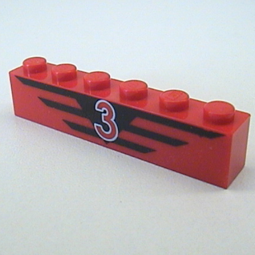 Brick 1 × 6 with Red '3', Black Stripes Print Red